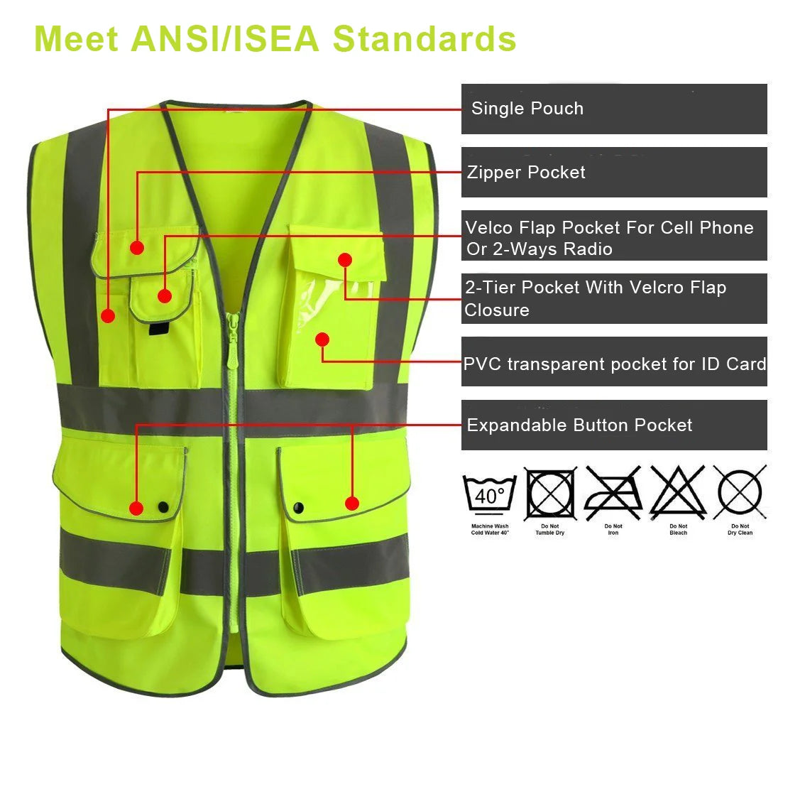 Reflective Safety Vest, Hi-Visibility, Construction, Work Uniform, ANSI Class 2