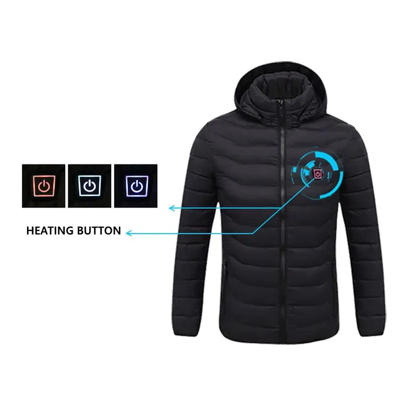 Men Winter Warm USB 17 Areas Heating Jackets Smart Thermostat Pure Color Hooded Heated Clothing Waterproof  Warm Jackets