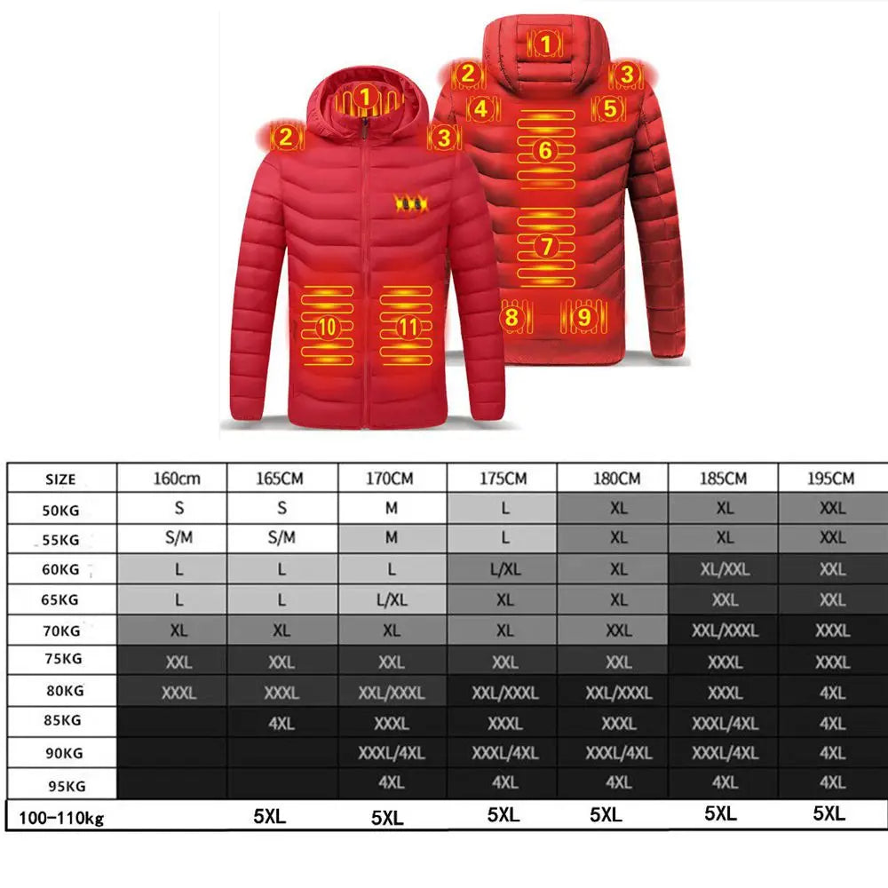 Men Winter Warm USB 17 Areas Heating Jackets Smart Thermostat Pure Color Hooded Heated Clothing Waterproof  Warm Jackets