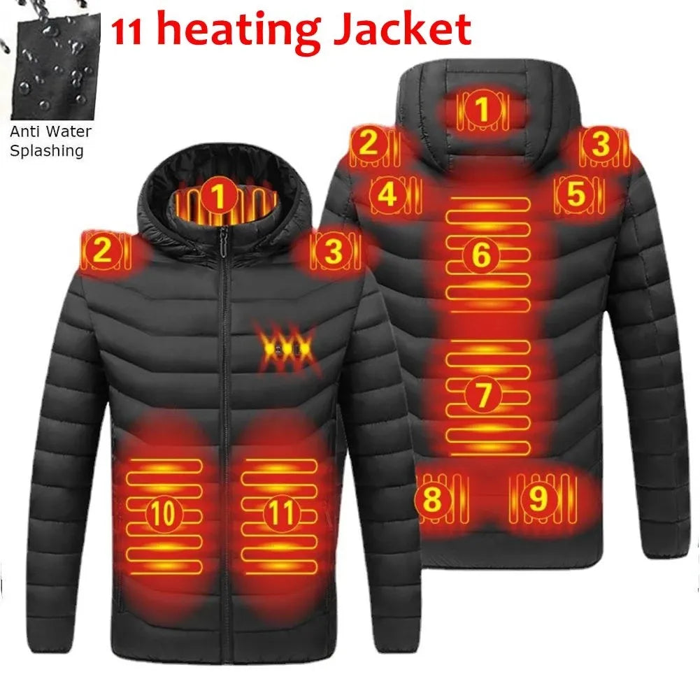 Men Winter Warm USB 17 Areas Heating Jackets Smart Thermostat Pure Color Hooded Heated Clothing Waterproof  Warm Jackets