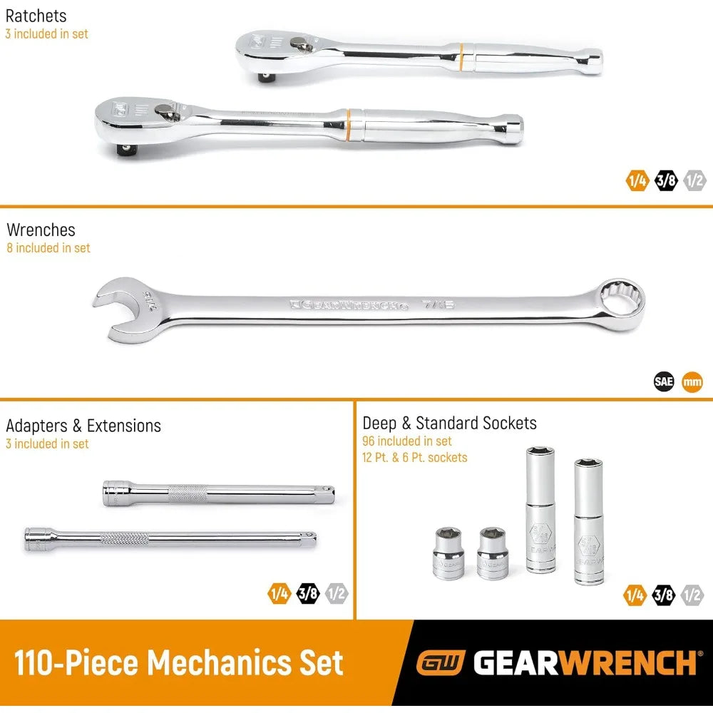 GEARWRENCH 110 Pc. 1/4", 3/8" & 1/2" Drive 6 & 12 Pt. Mechanics Tool Set, Standard & Deep, SAE/Metric - 89058