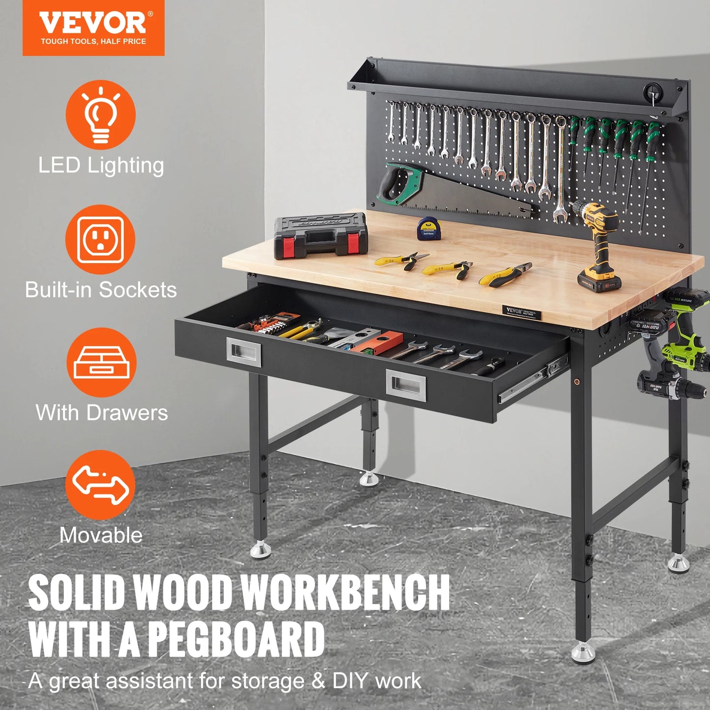 VEVOR 2000lbs Hardwood Workbench Heavy Duty Oak Plank Work Table Carbon Steel with 3m Cable 30 Hooks for Garage Office Workshop