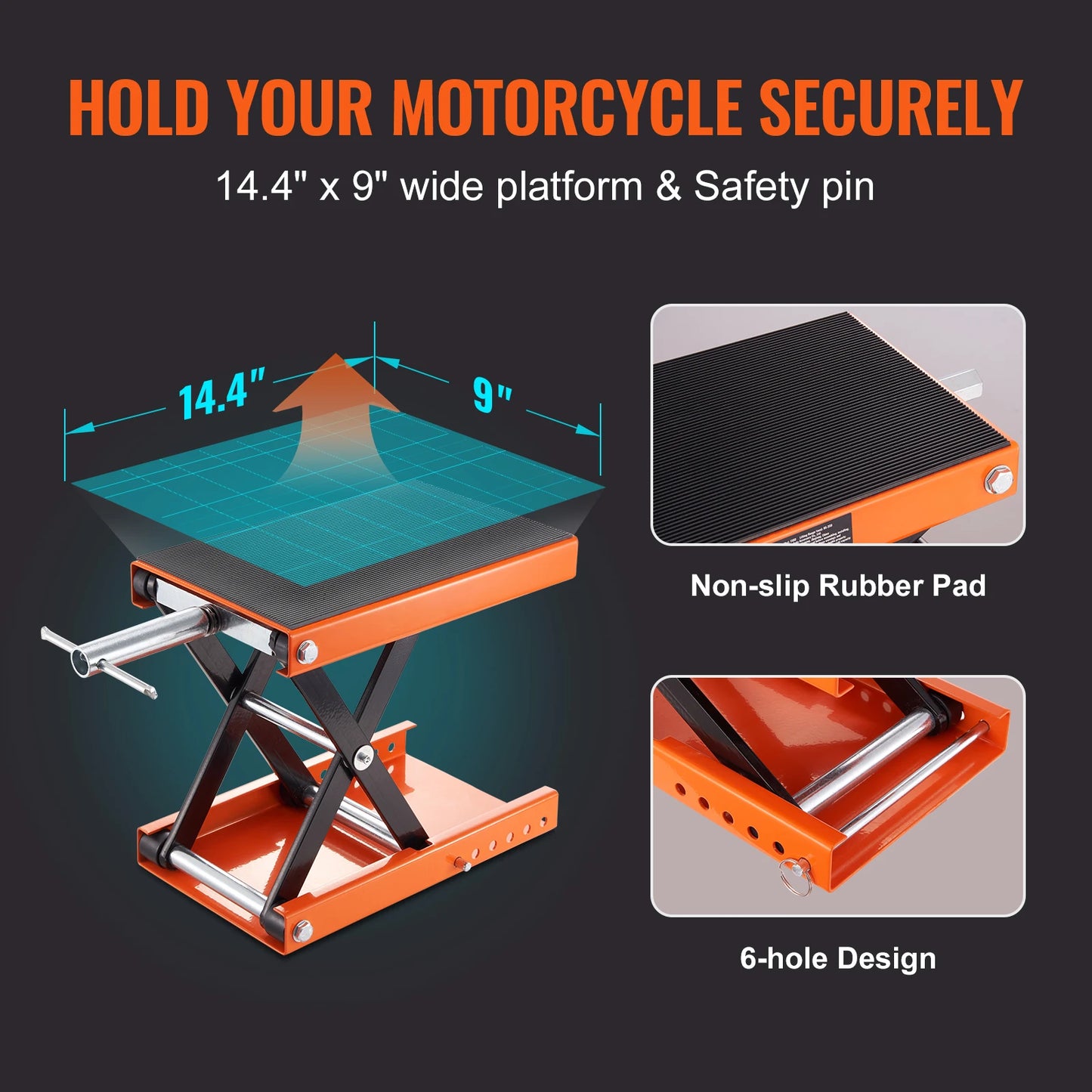 Motorcycle Scissor Lift Jack with Wide Deck & Safety Pin, 350/1100/1500 LBS Capacity