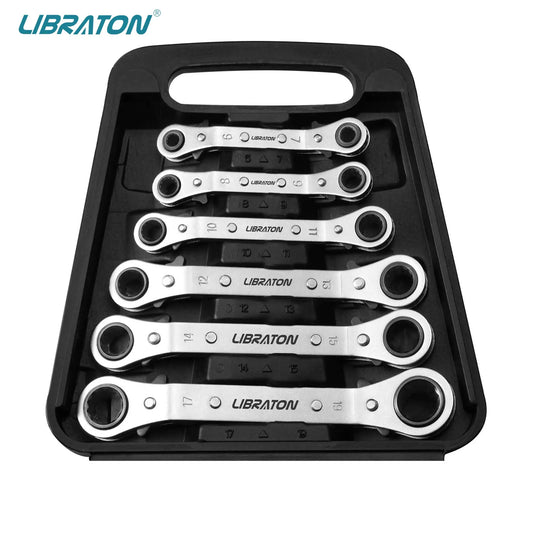 Libraton Offset Wrench Set Metric 6PCs Ratcheting Box Wrenches 6-19mm with Storage Organizer Box, Christmas Gift for Man