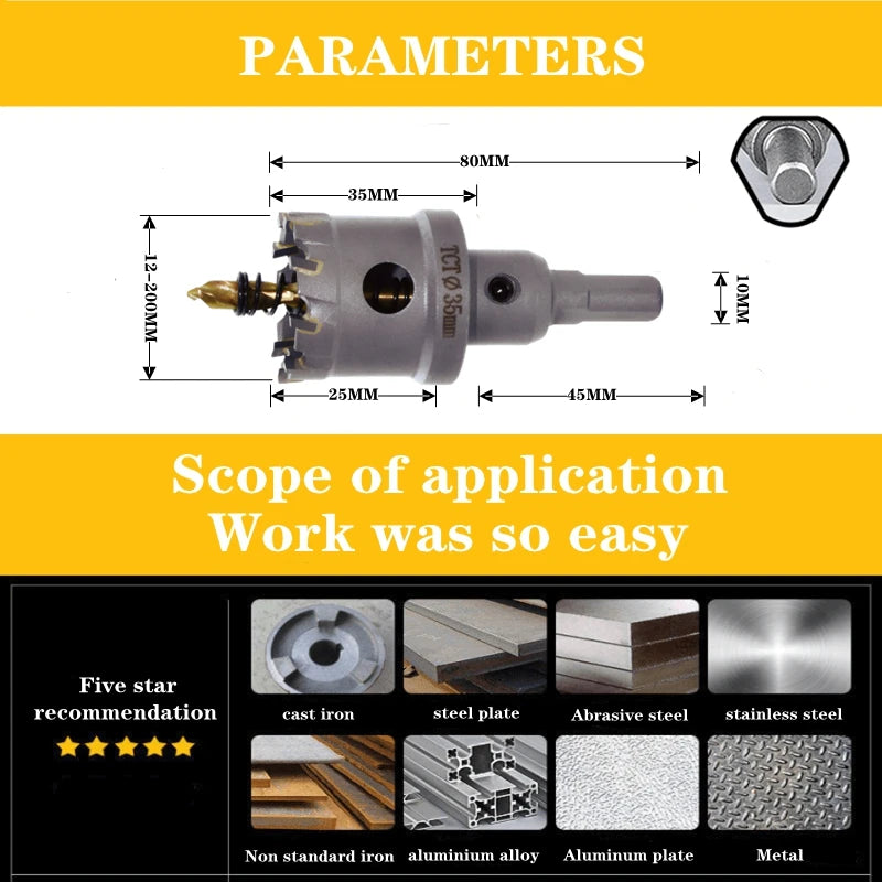 TCT Hole Saw Drill Bits Alloy Carbide Cobalt Steel Cutter Stainless Steel Plate Iron Metal Cutting Kit Drillforce 12-200mm