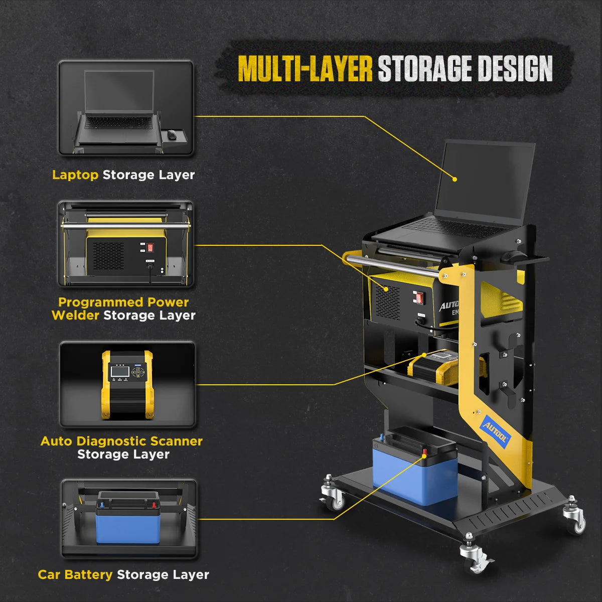 AUTOOL 3 Tier Tool Cart Car Repair Workshop Auxiliary Equipmen Toolbox Storage Heavy Duty Cart Tool 44*74*100cm Lockable Casters