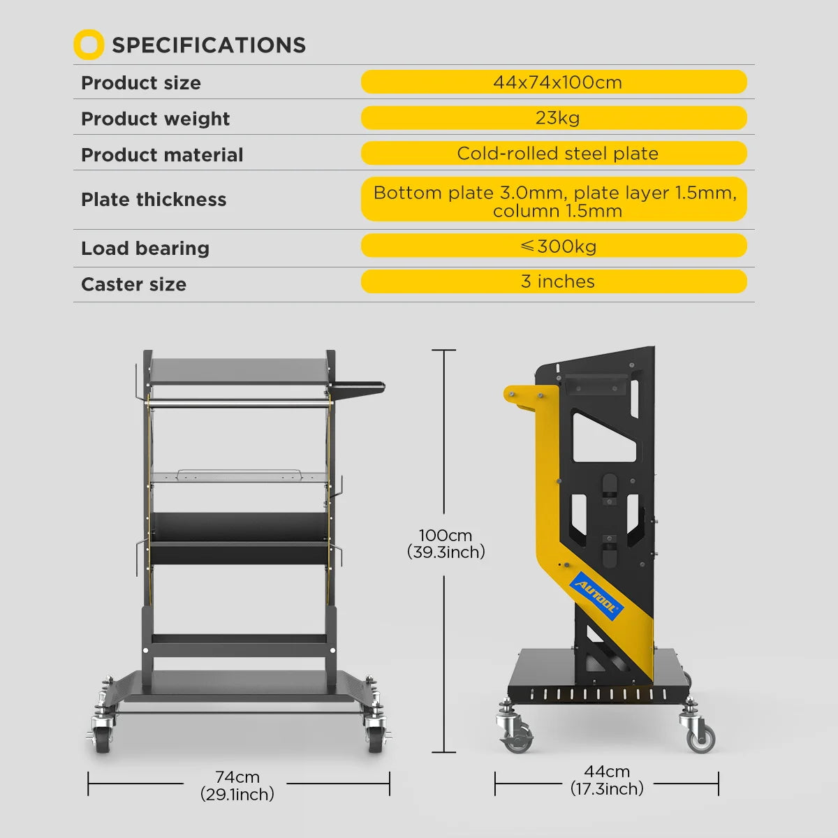 AUTOOL 3 Tier Tool Cart Car Repair Workshop Auxiliary Equipmen Toolbox Storage Heavy Duty Cart Tool 44*74*100cm Lockable Casters