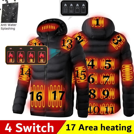 Men Winter Warm USB 17 Areas Heating Jackets Smart Thermostat Pure Color Hooded Heated Clothing Waterproof  Warm Jackets