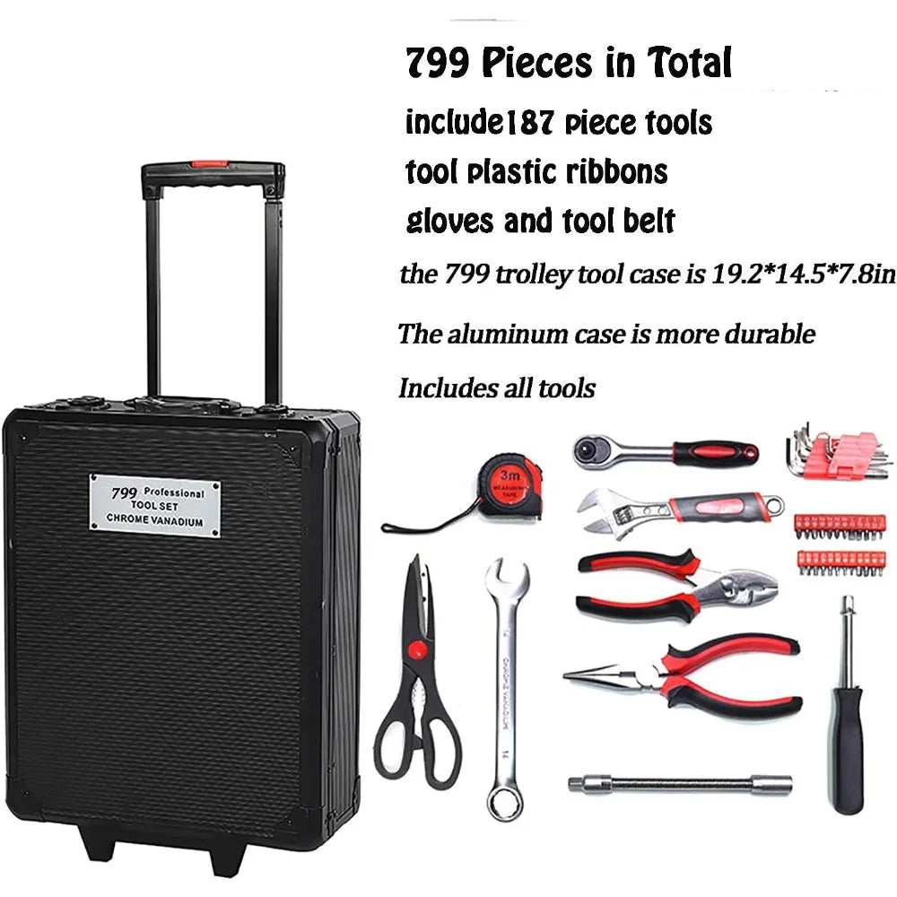 Arcwares 799pcs Aluminum Trolley Case Tool Set Silver, House Repair Kit Set, Household Hand Tool Set, with Tool Belt