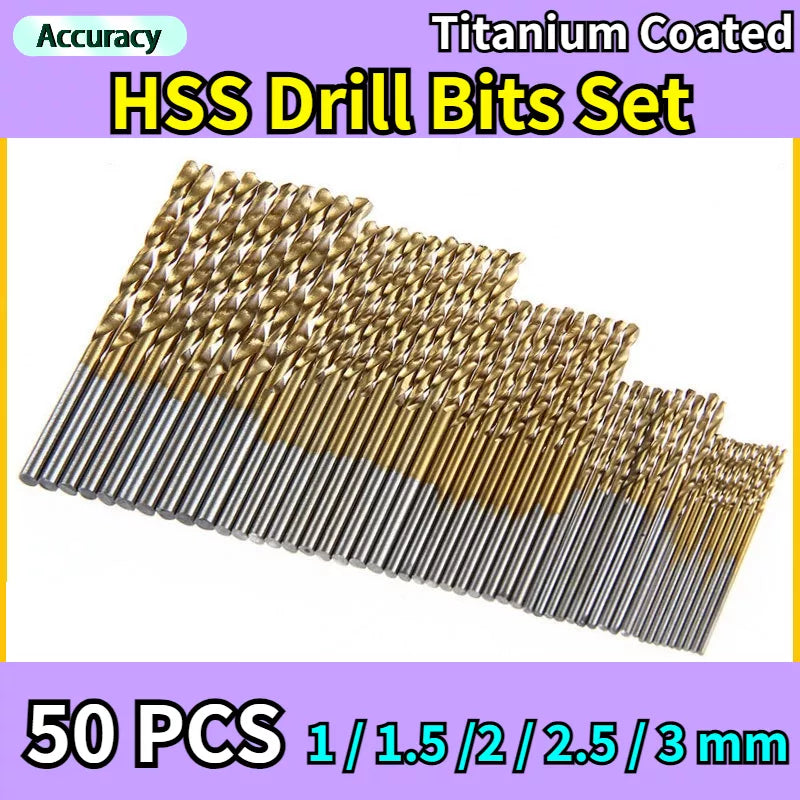 50Pcs Professional Titanium Coated Drill Bits HSS High Speed Steel Drill Bits Set Tool High Quality Power Tools 1/1.5/2/2.5/3mm