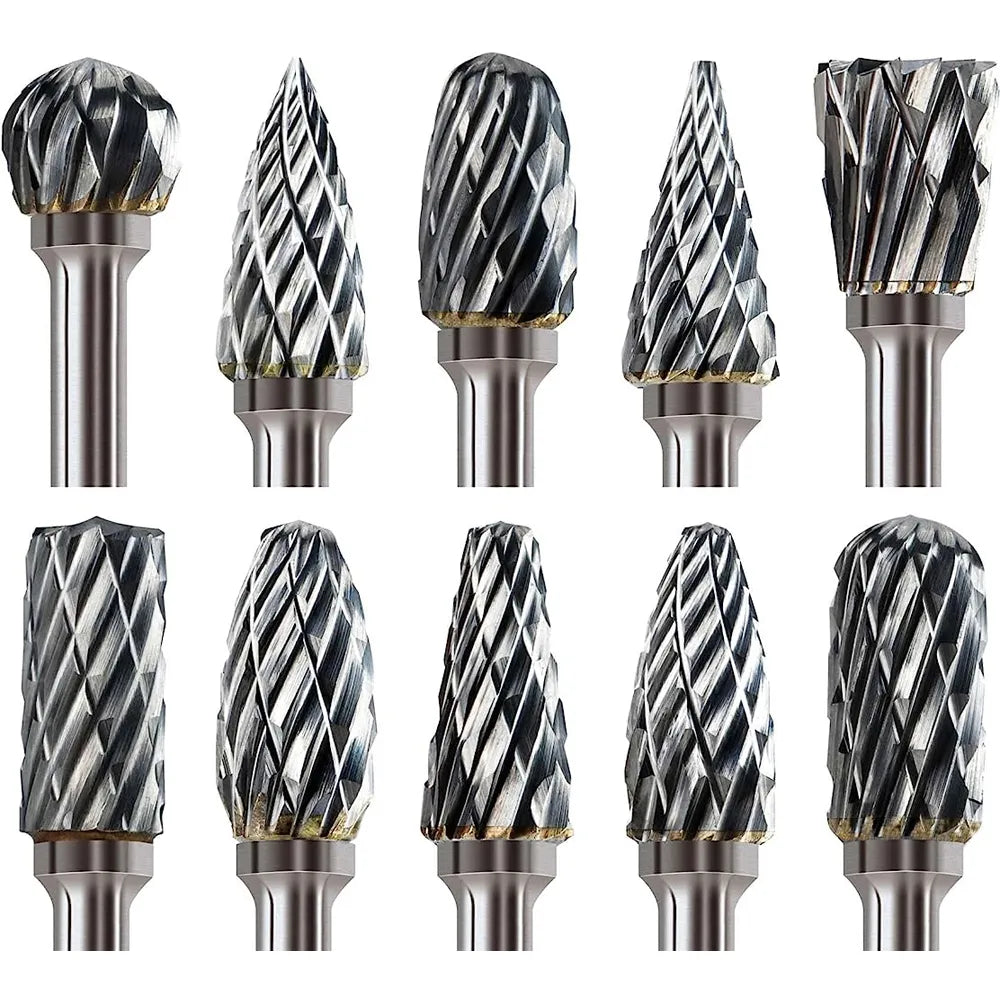 Carbide Burr Set Compatible with Dremel 1/8" Shank 10PCS Die Grinder Rotary Tool Rasp Bits Wood Metal Carving Electric Grinding