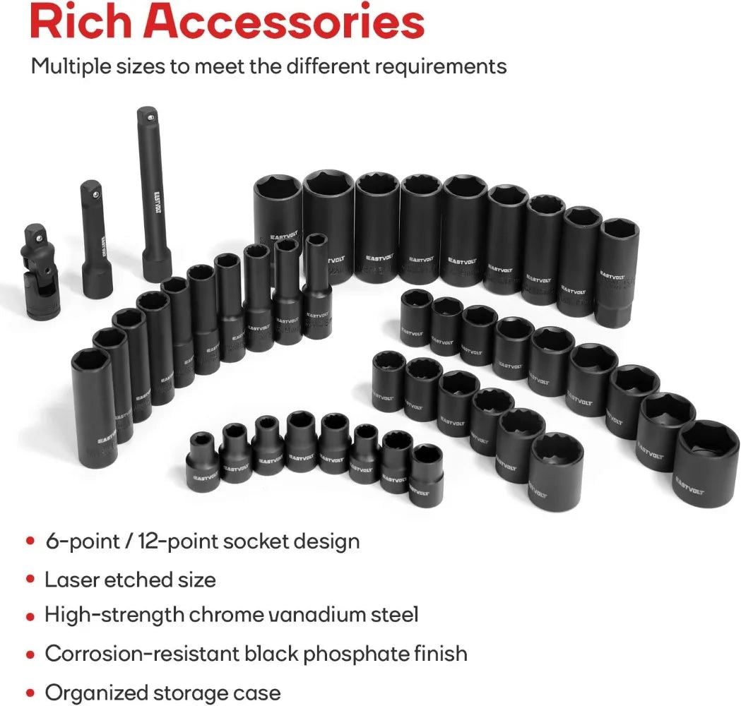 Eastvolt Mechanic Tool Kits, Drive Socket Set, 46 Pieces, with 72 Teeth Reversible Ratchet, Metric/SAE (ASK06)