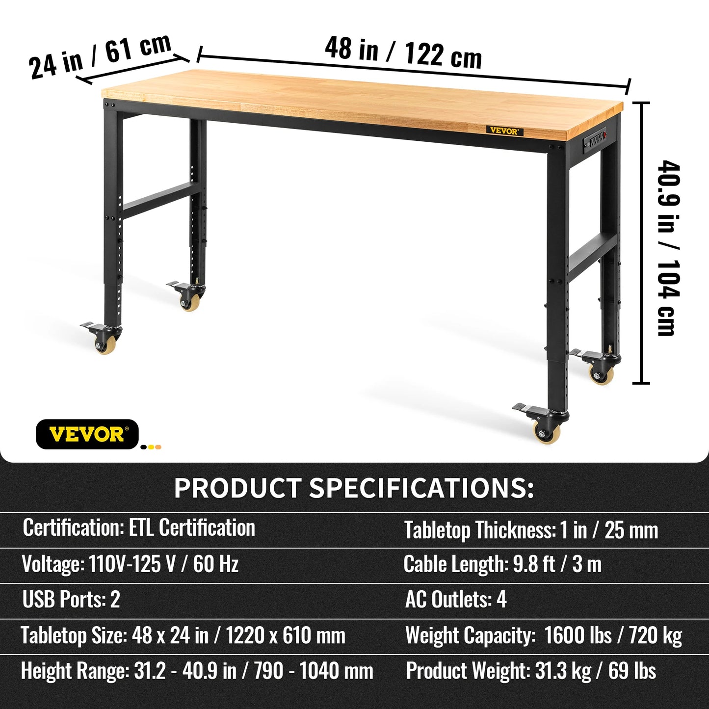 VEVOR Multi Adjustable Workbench Woodworking Hardwood Work Bench with Power Outlets Foot Pads for Workshop DIY Office Home Use