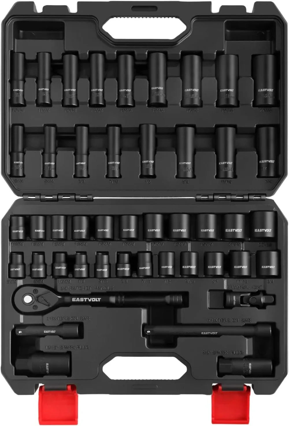 Eastvolt Mechanic Tool Kits, Drive Socket Set, 46 Pieces, with 72 Teeth Reversible Ratchet, Metric/SAE (ASK06)