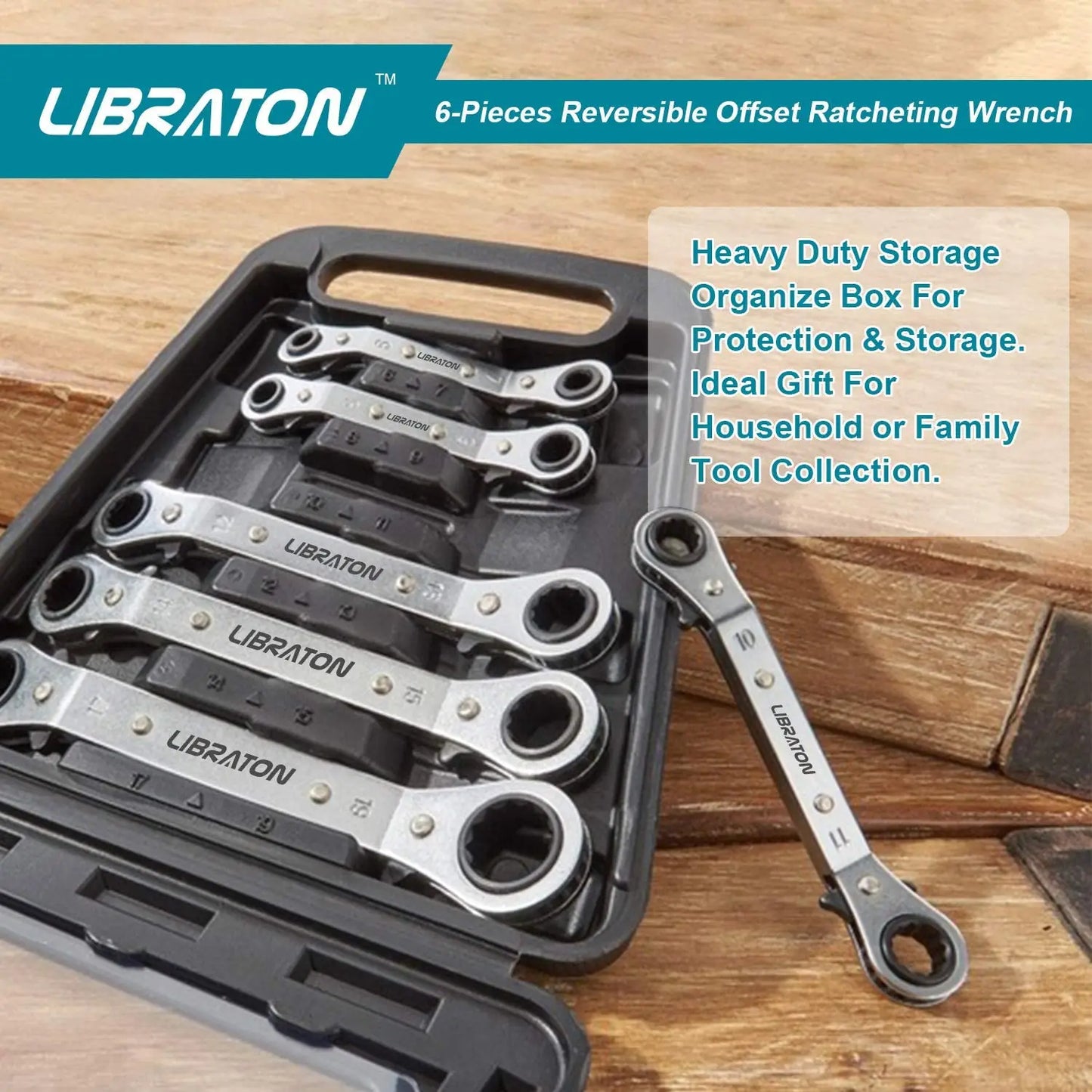 Libraton Offset Wrench Set Metric 6PCs Ratcheting Box Wrenches 6-19mm with Storage Organizer Box, Christmas Gift for Man