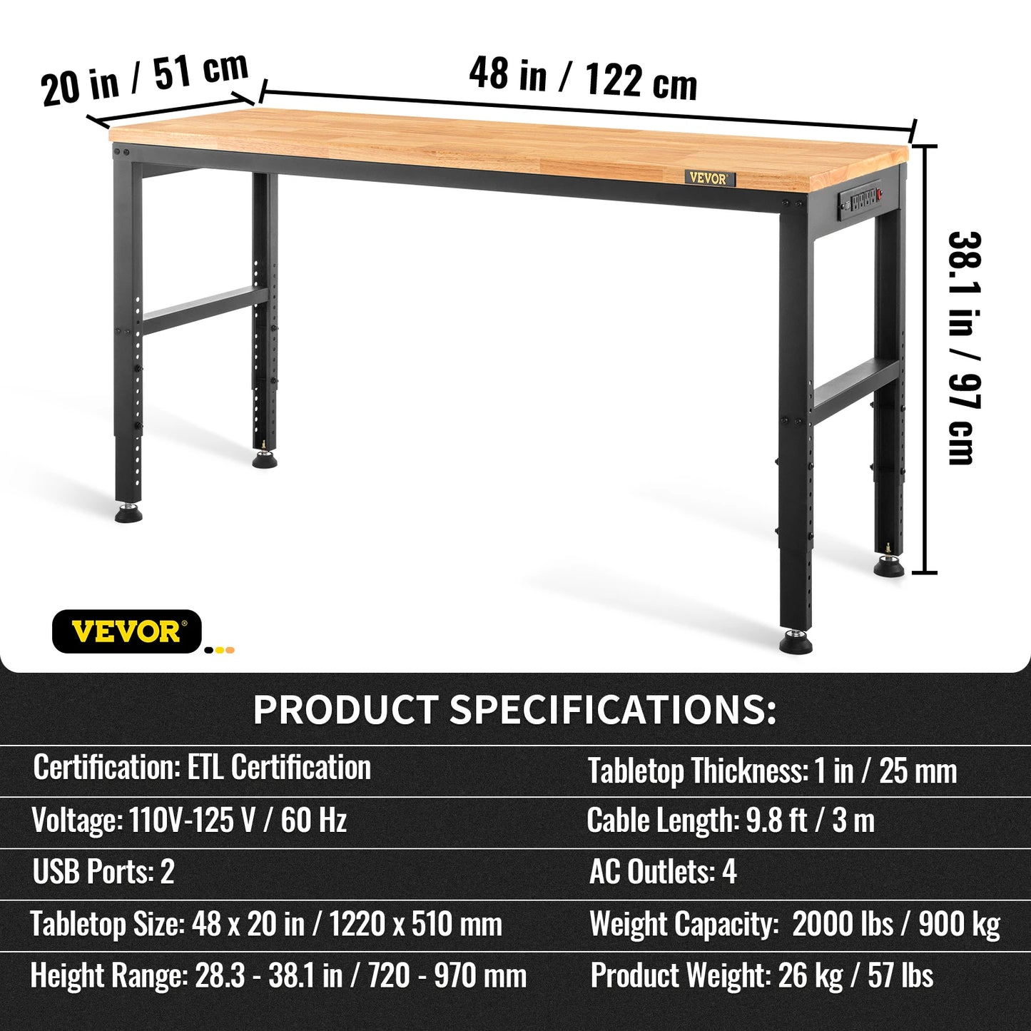 VEVOR Multi Adjustable Workbench Woodworking Hardwood Work Bench with Power Outlets Foot Pads for Workshop DIY Office Home Use