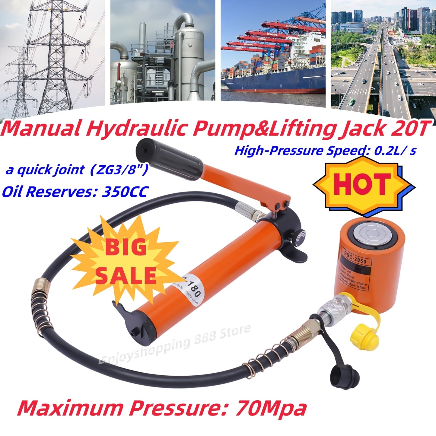 Portable Hydraulic Ram Jack Manual 20T  0.512" Stroke Mini Single Acting Lifting Cylinder for Machinery Shipbuilding