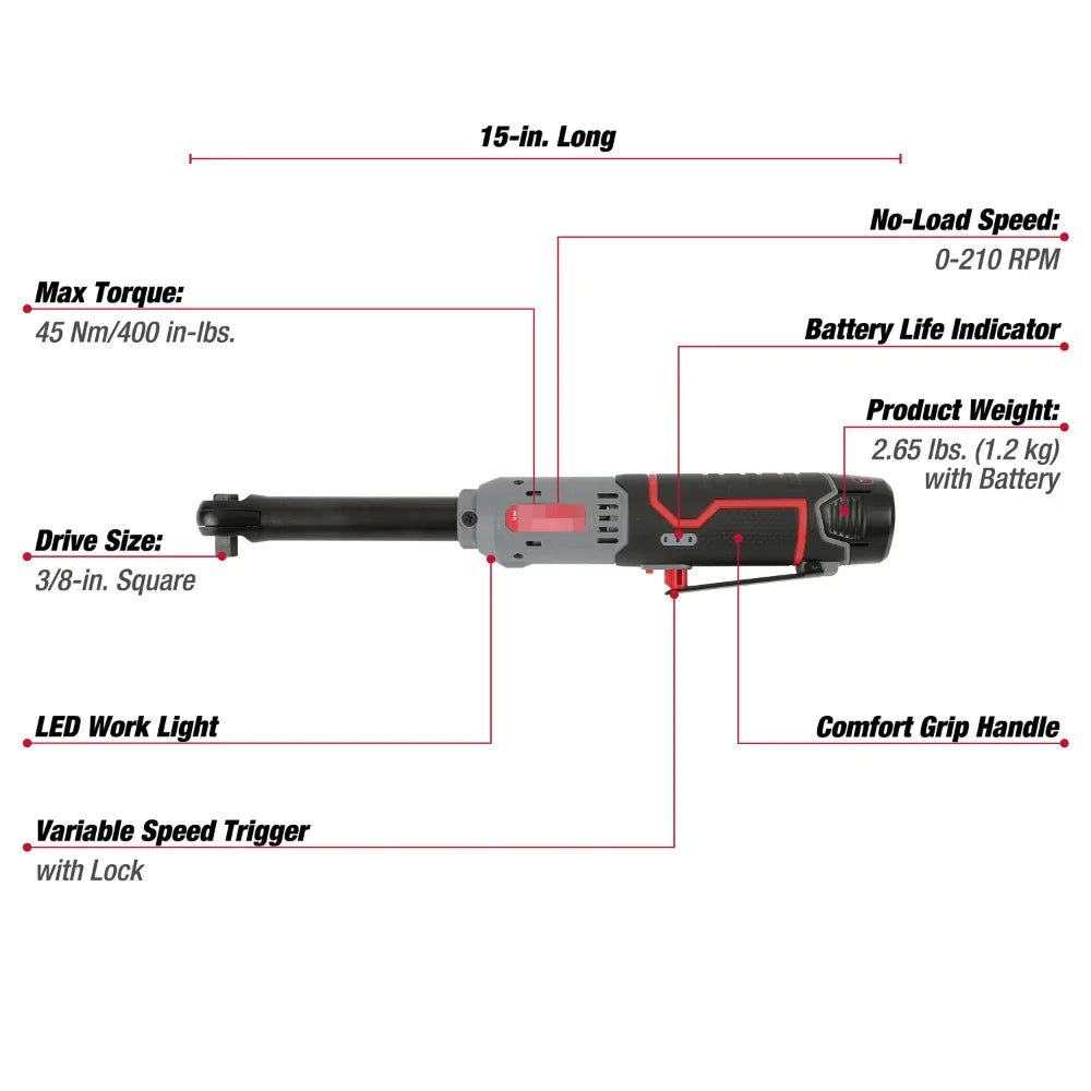 12V - 3/8-in Extended Reach Ratchet with 1.5Ah Battery and Charger