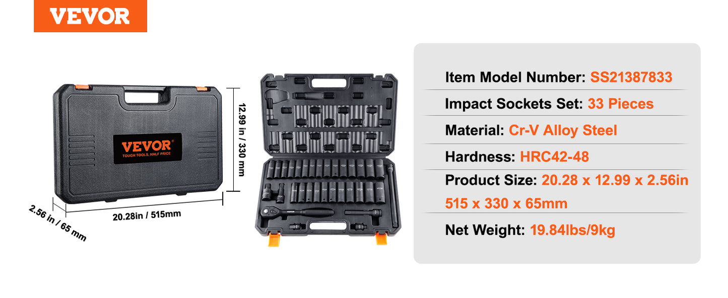 VEVOR 1/2" 3/8" Drive Impact Socket Set 13/23/33/34/48/65/90PCs SAE or Metric Cr-V/Cr-Mo Socket Set 6 Point Alloy Steel Repair