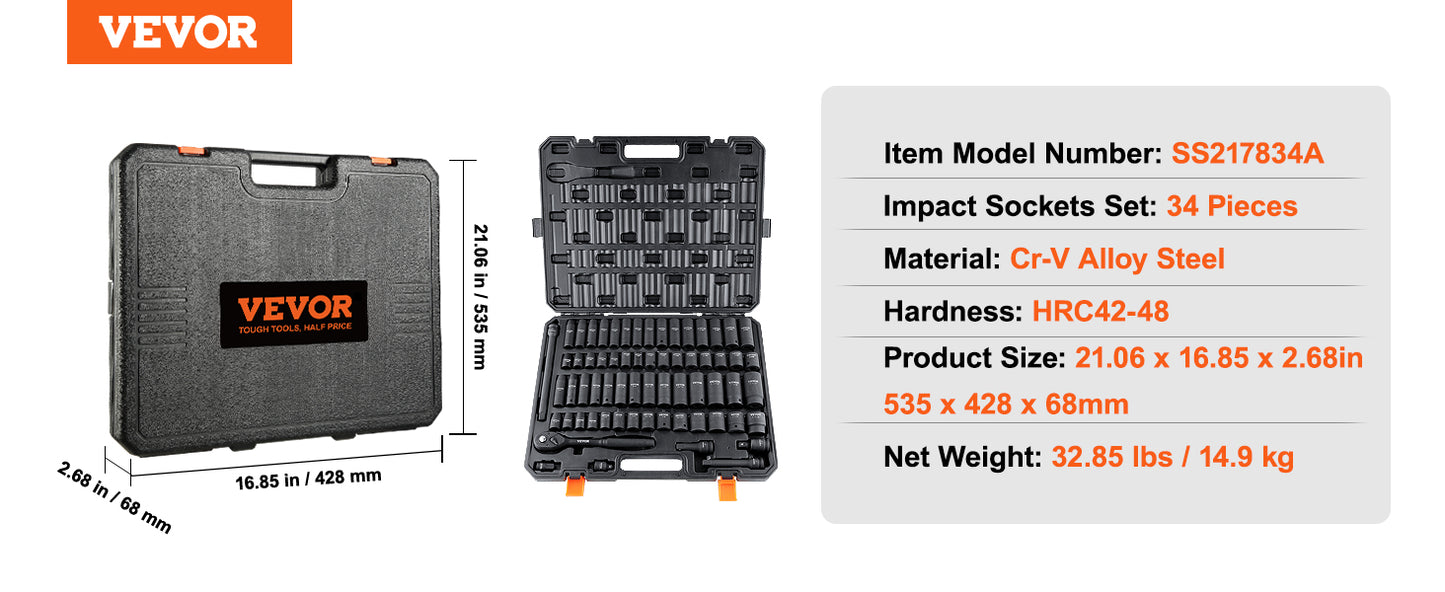 VEVOR 1/2" 3/8" Drive Impact Socket Set 13/23/33/34/48/65/90PCs SAE or Metric Cr-V/Cr-Mo Socket Set 6 Point Alloy Steel Repair