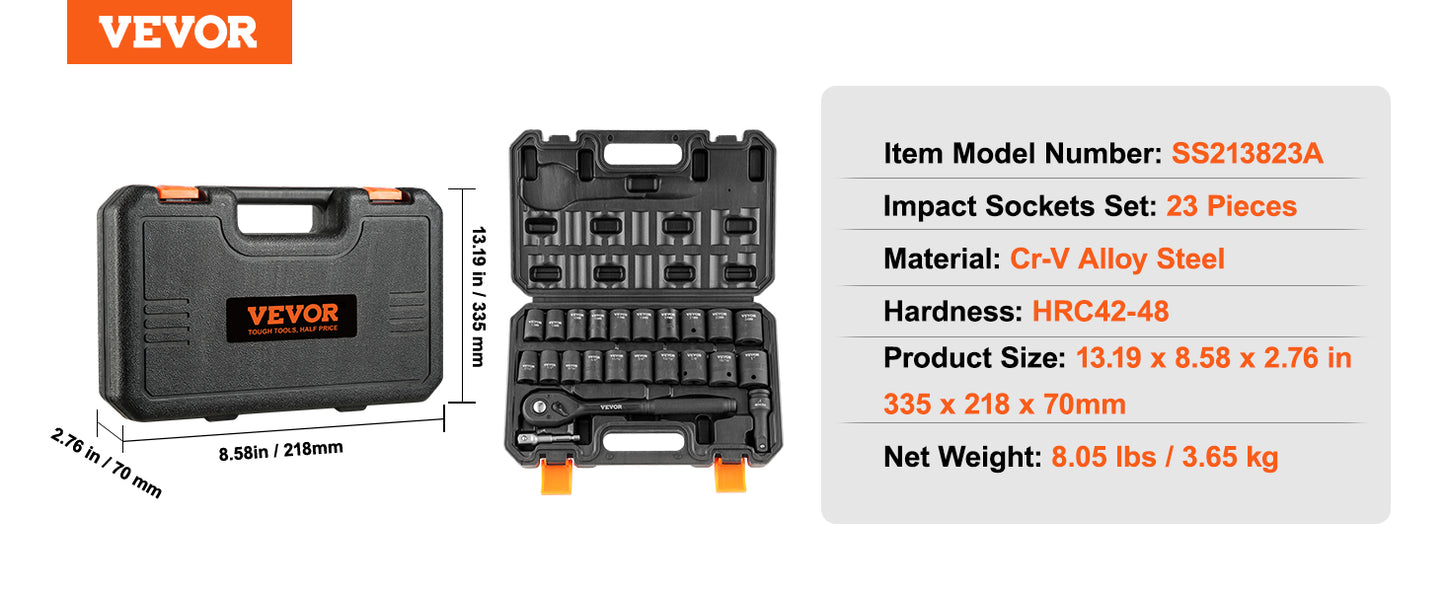 VEVOR 1/2" 3/8" Drive Impact Socket Set 13/23/33/34/48/65/90PCs SAE or Metric Cr-V/Cr-Mo Socket Set 6 Point Alloy Steel Repair