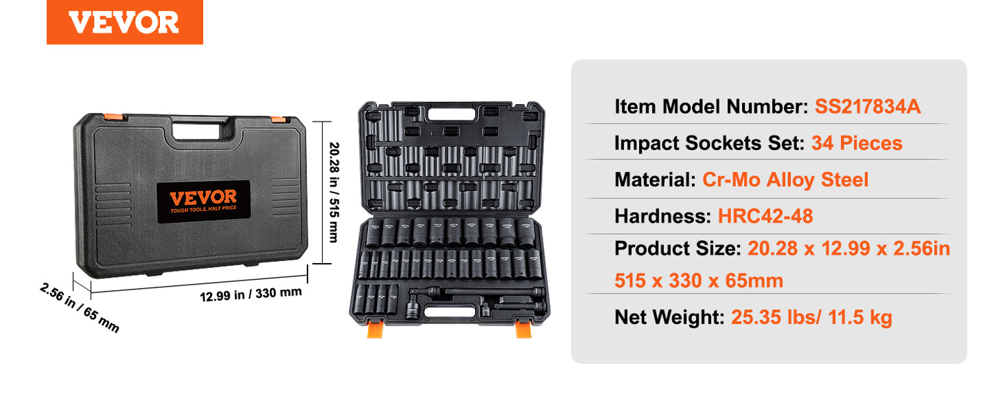 VEVOR 1/2" 3/8" Drive Impact Socket Set 13/23/33/34/48/65/90PCs SAE or Metric Cr-V/Cr-Mo Socket Set 6 Point Alloy Steel Repair