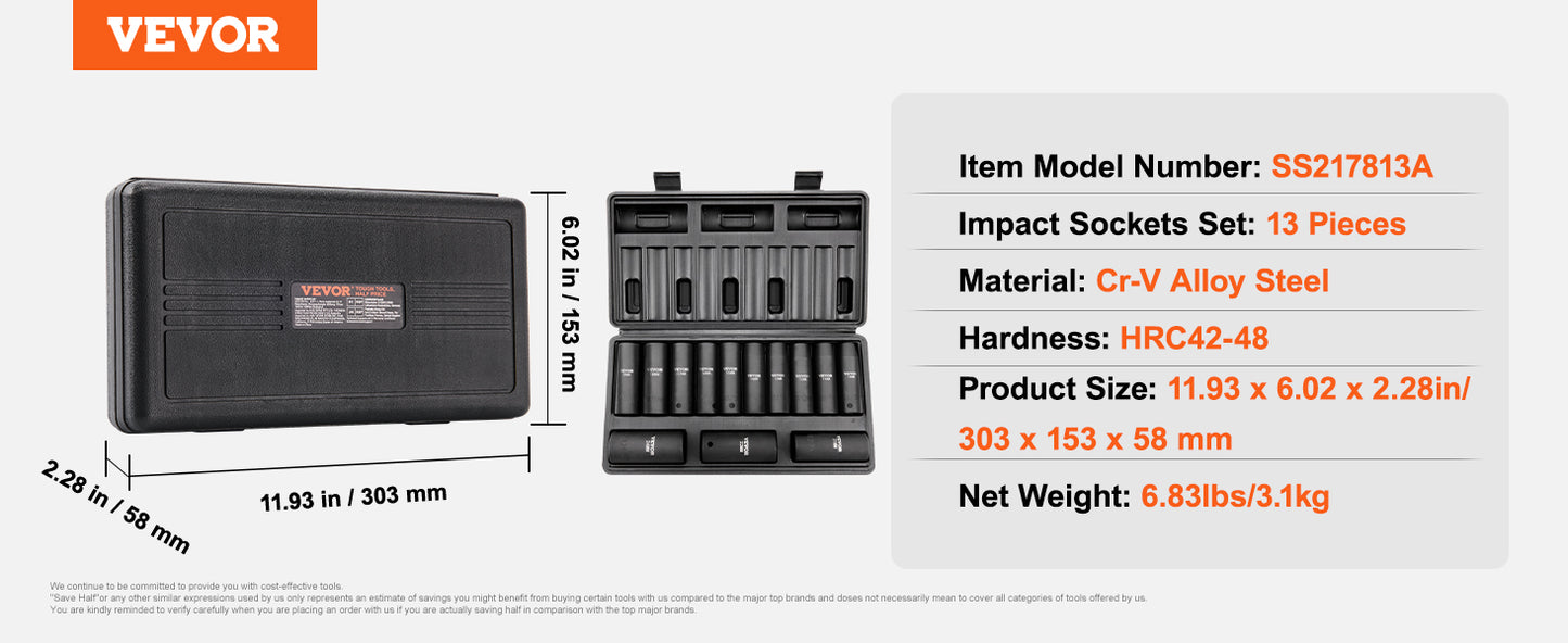 VEVOR 1/2" 3/8" Drive Impact Socket Set 13/23/33/34/48/65/90PCs SAE or Metric Cr-V/Cr-Mo Socket Set 6 Point Alloy Steel Repair