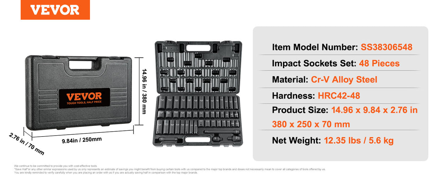 VEVOR 1/2" 3/8" Drive Impact Socket Set 13/23/33/34/48/65/90PCs SAE or Metric Cr-V/Cr-Mo Socket Set 6 Point Alloy Steel Repair