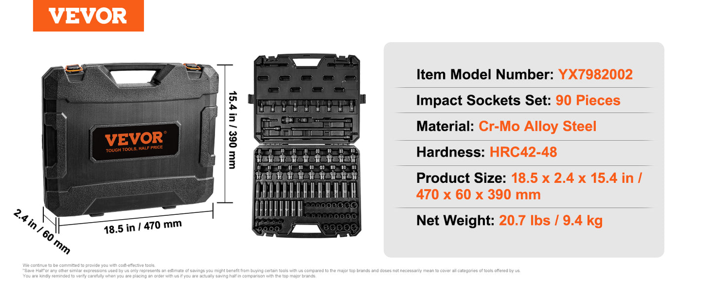 VEVOR 1/2" 3/8" Drive Impact Socket Set 13/23/33/34/48/65/90PCs SAE or Metric Cr-V/Cr-Mo Socket Set 6 Point Alloy Steel Repair