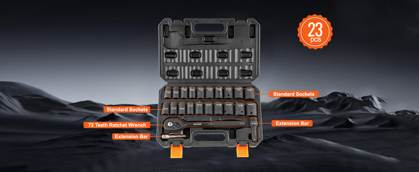 VEVOR 1/2" 3/8" Drive Impact Socket Set 13/23/33/34/48/65/90PCs SAE or Metric Cr-V/Cr-Mo Socket Set 6 Point Alloy Steel Repair