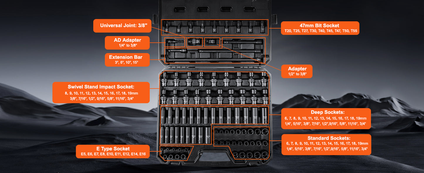 VEVOR 1/2" 3/8" Drive Impact Socket Set 13/23/33/34/48/65/90PCs SAE or Metric Cr-V/Cr-Mo Socket Set 6 Point Alloy Steel Repair