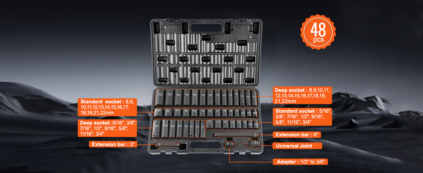 VEVOR 1/2" 3/8" Drive Impact Socket Set 13/23/33/34/48/65/90PCs SAE or Metric Cr-V/Cr-Mo Socket Set 6 Point Alloy Steel Repair