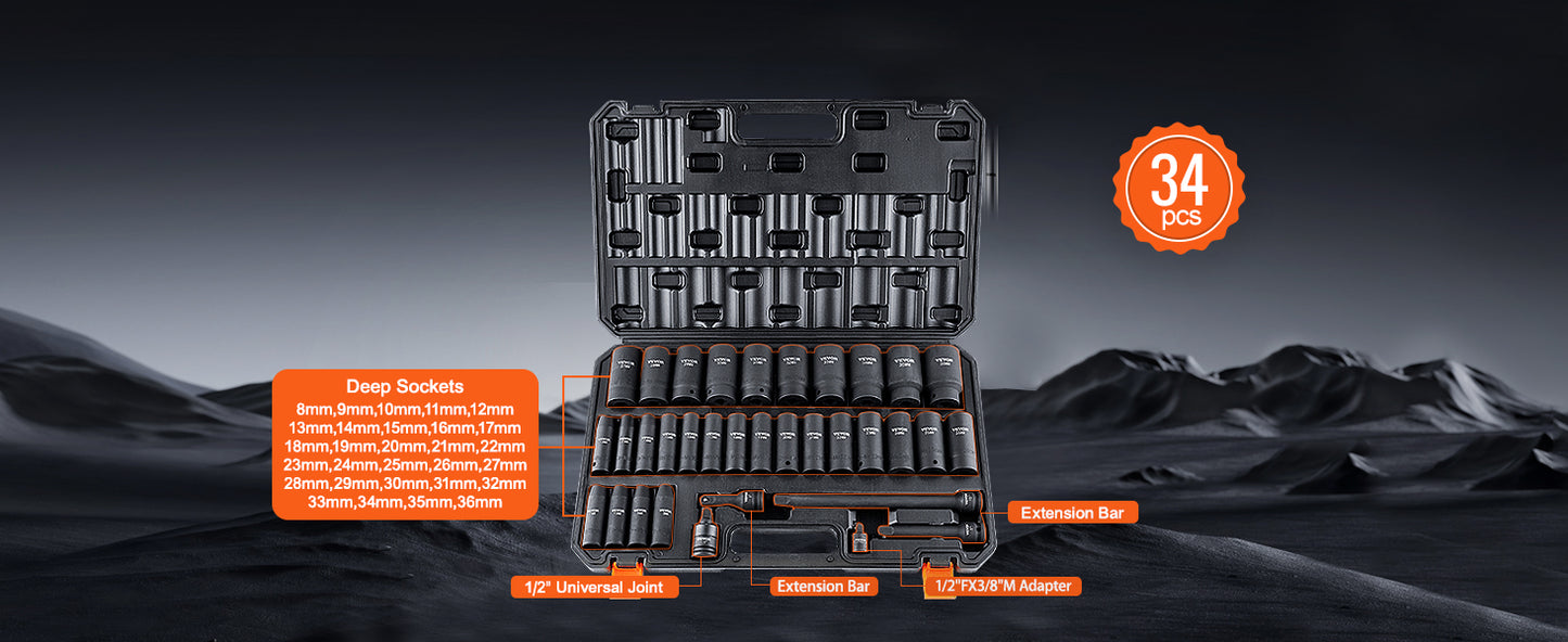 VEVOR 1/2" 3/8" Drive Impact Socket Set 13/23/33/34/48/65/90PCs SAE or Metric Cr-V/Cr-Mo Socket Set 6 Point Alloy Steel Repair