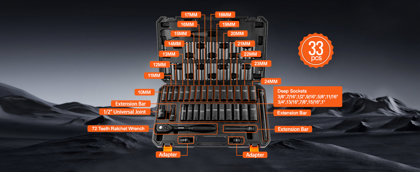 VEVOR 1/2" 3/8" Drive Impact Socket Set 13/23/33/34/48/65/90PCs SAE or Metric Cr-V/Cr-Mo Socket Set 6 Point Alloy Steel Repair