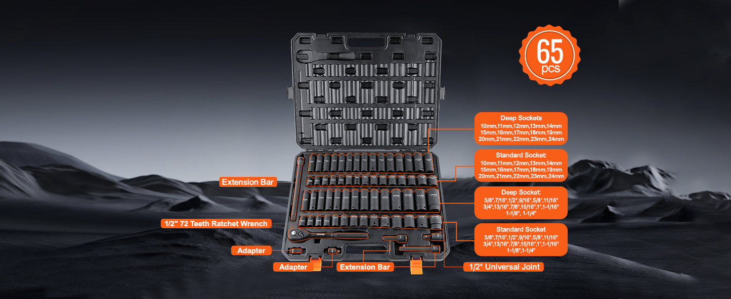 VEVOR 1/2" 3/8" Drive Impact Socket Set 13/23/33/34/48/65/90PCs SAE or Metric Cr-V/Cr-Mo Socket Set 6 Point Alloy Steel Repair