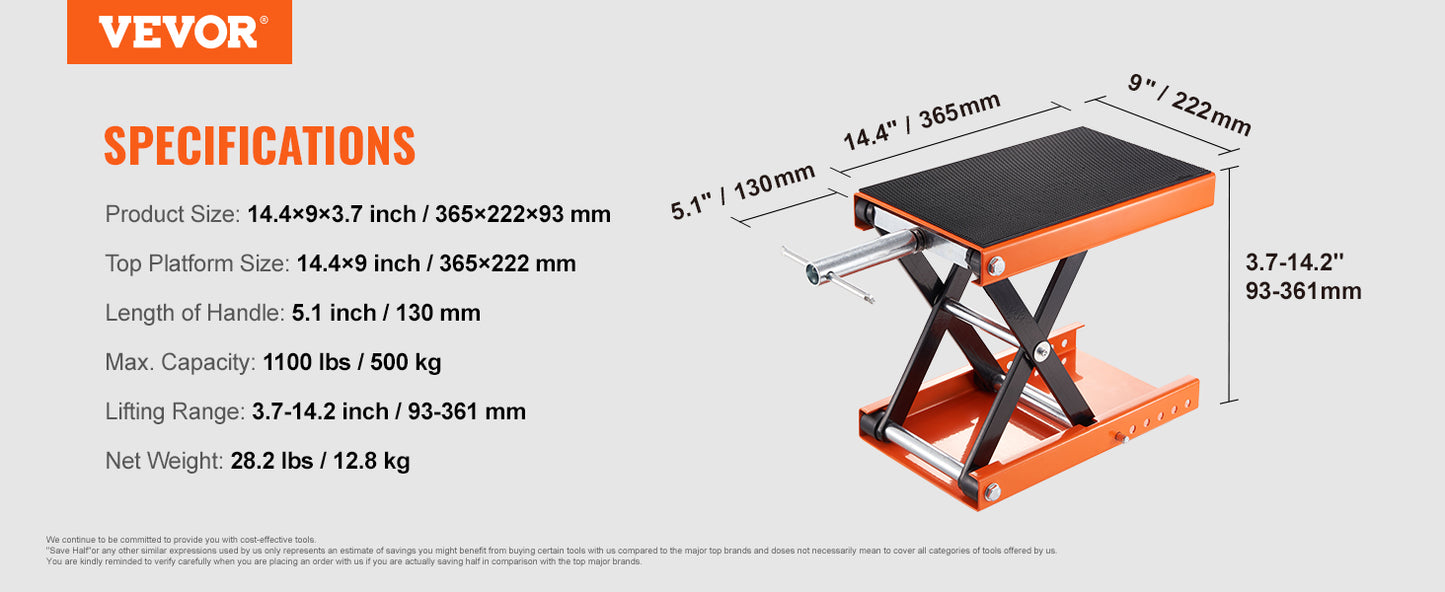 Motorcycle Scissor Lift Jack with Wide Deck & Safety Pin, 350/1100/1500 LBS Capacity